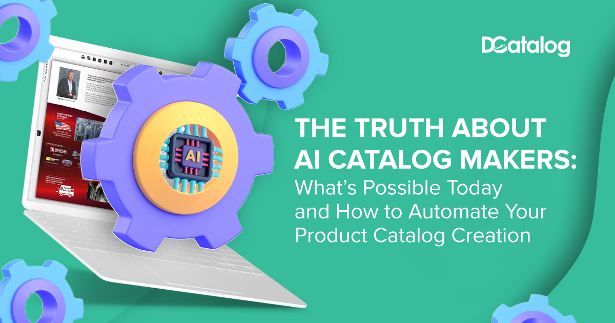 Hero image for blog post on AI catalog makers, featuring a digital catalog on a laptop, AI gear icon, and the title text.