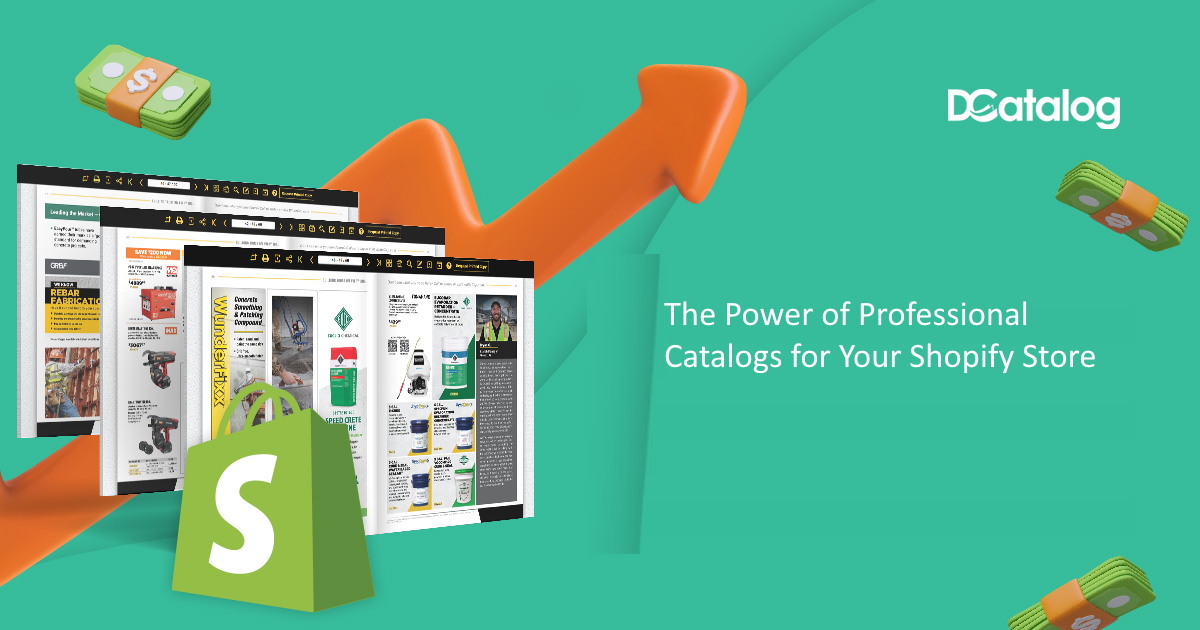 Hero image showcasing DCatalog's digital and PDF catalogs integrated with Shopify, featuring a Shopify bag icon, product catalog examples, and an upward growth arrow.