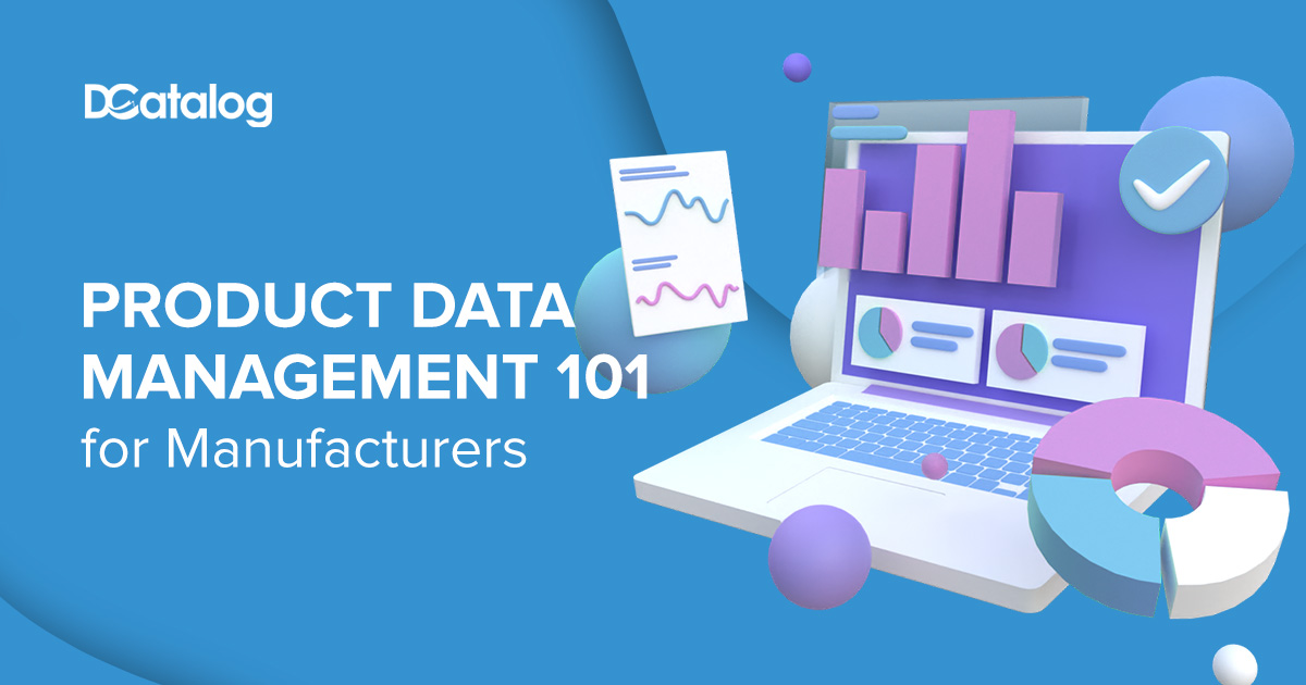 DCatalog banner for 'Product Data Management 101 for Manufacturers' featuring a 3D illustration of a laptop with charts, graphs, and analytics.