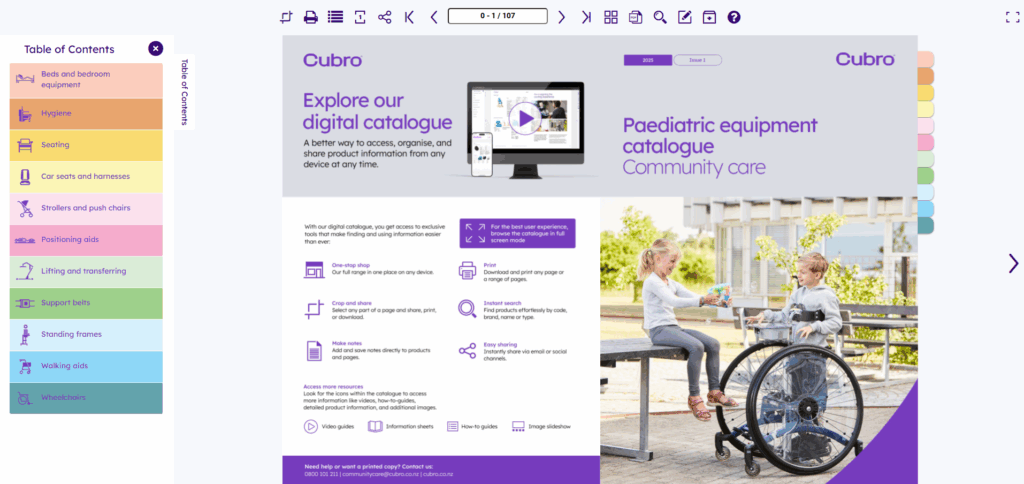Screenshot of Cubro's 2025 paediatric equipment digital catalogue featuring interactive tools, category tabs, and community care focus