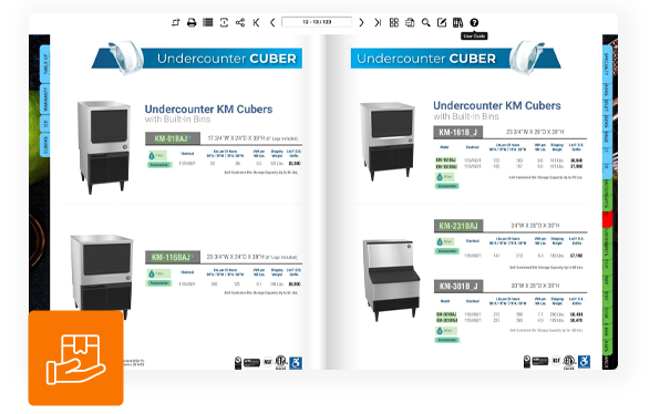 suppliers product catalog displaying undercounter ice maker specifications and models inside DCatalog flipbook viewer.