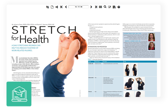 Educational document displayed in DCatalog flipbook viewer showing health and stretching training materials for educators and trainers.