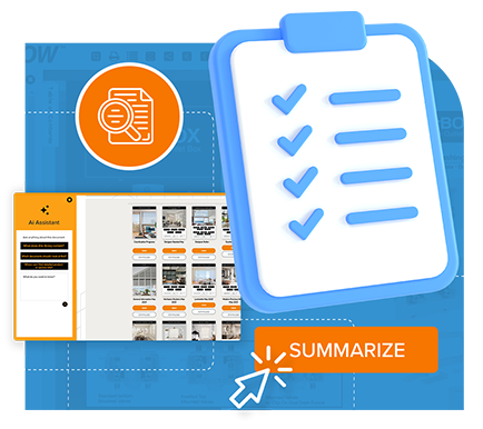 Smart Doc AI illustration showing document summarization feature with AI Assistant interface and summarize function.