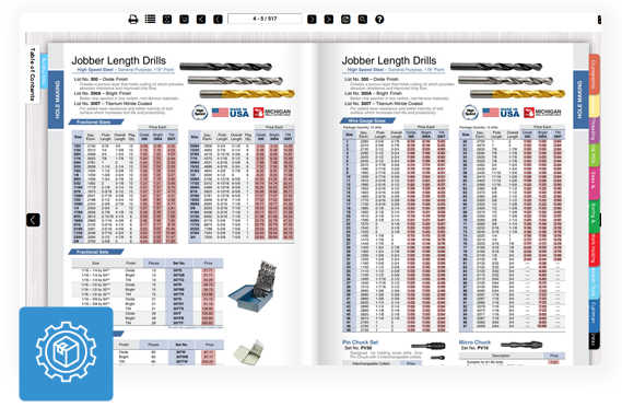 manufacturers catalog displaying drill bit specifications and pricing tables inside DCatalog flipbook viewer.