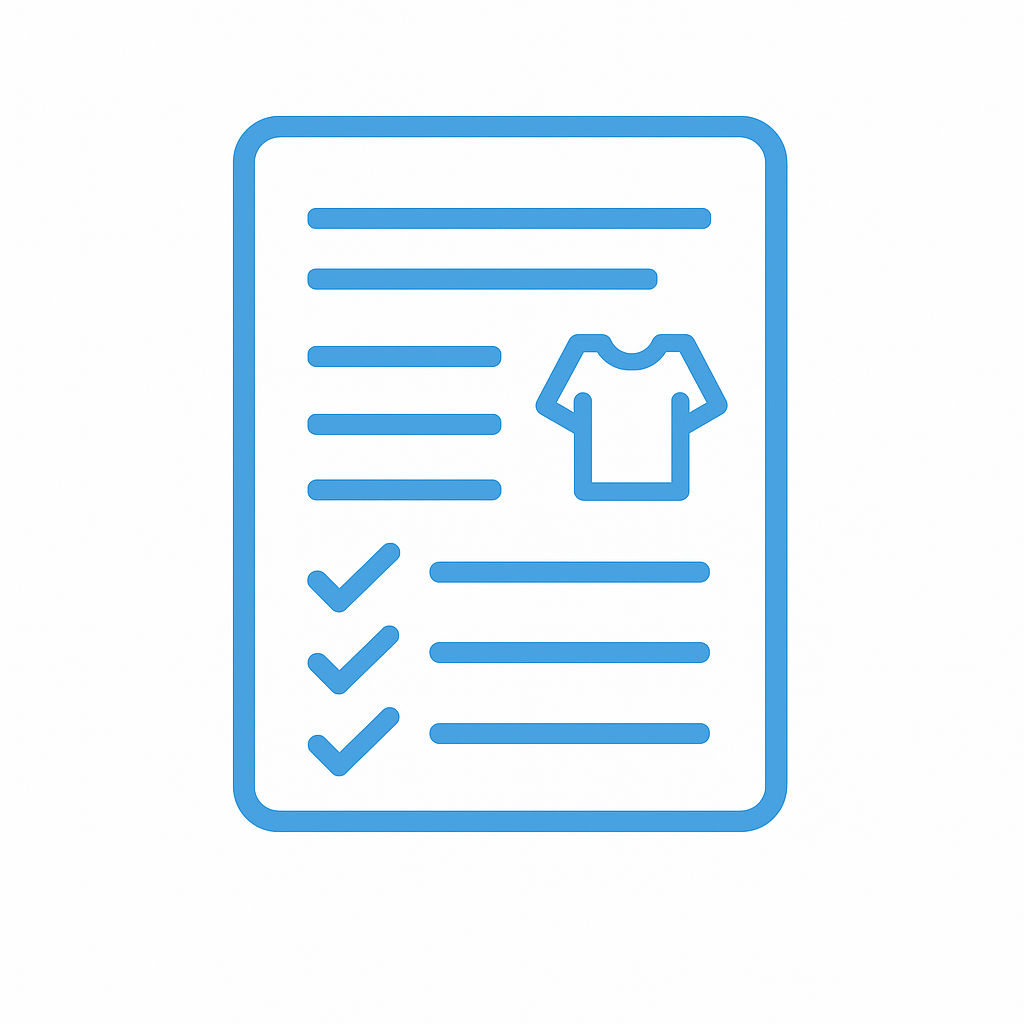 Icon of a digital document with checklist and product image, representing customizable line sheet templates