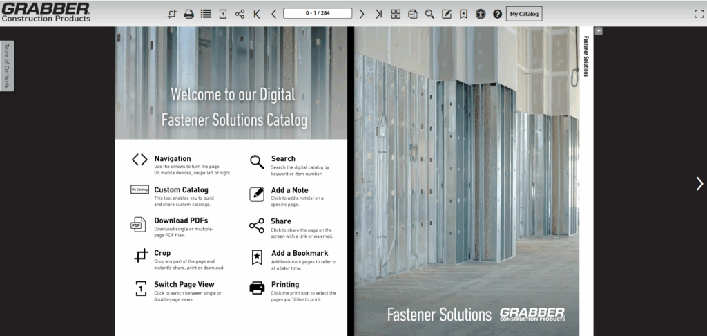 Overview of Grabber’s interactive catalog with features like custom books, downloadable PDFs, and clickable table of contents