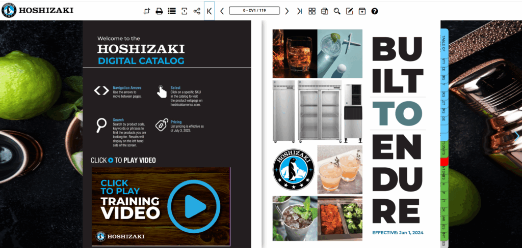 Screenshot of Hoshizaki's interactive digital catalog featuring navigation tips, training video, and refrigeration products