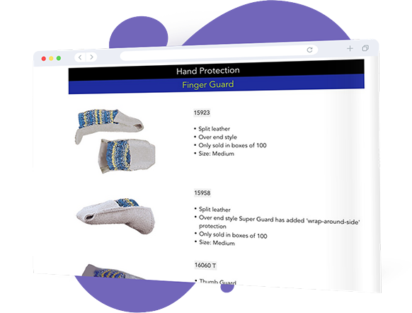 Technical product catalog template displaying detailed specifications for hand protection and finger guards.