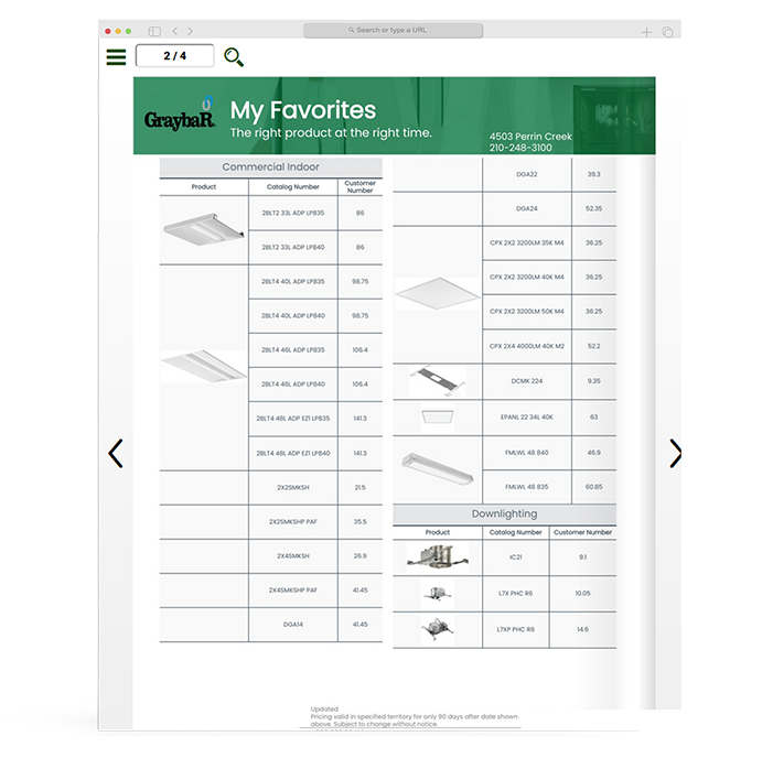 Technical and data sheet catalog template displaying commercial indoor lighting products with catalog numbers and specifications.