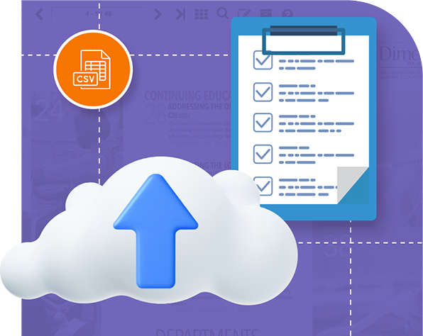 Illustration of cloud upload with CSV file and checklist clipboard representing product data import