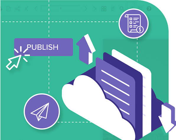 Visual of exporting and sharing digital spec sheets via flipbook, email, or web