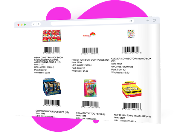 Product catalog template displaying multiple items per page with images, barcodes, and product details in an organized layout.