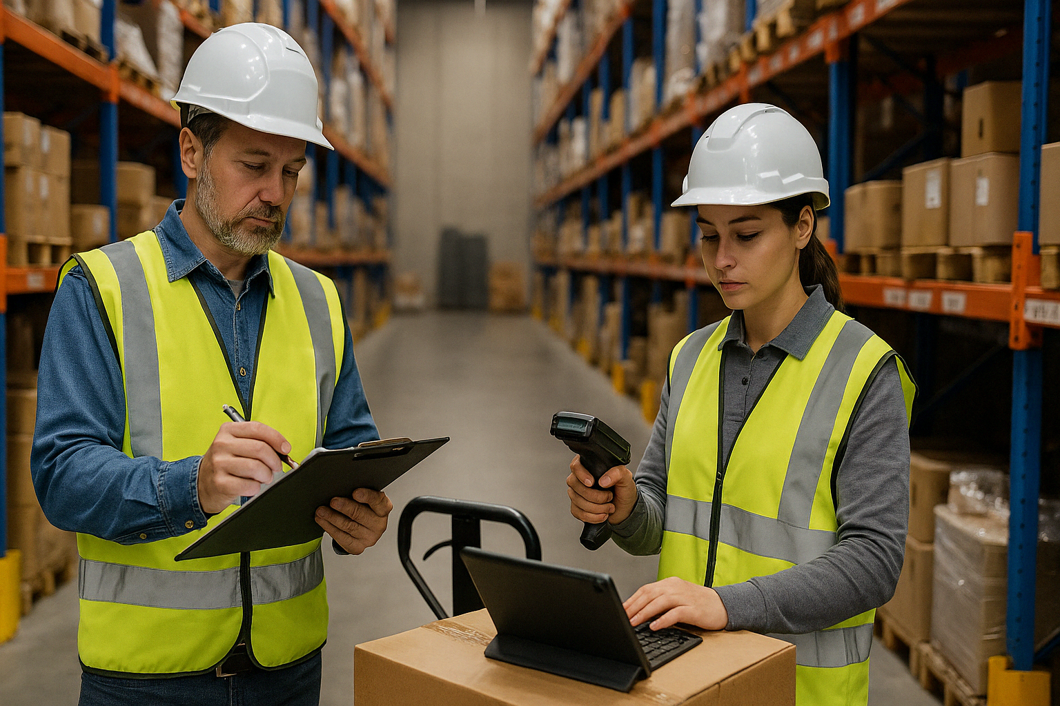 Warehouse workers managing product orders using barcode scanner and tablet for real-time inventory and order processing