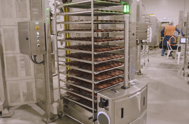 Autonomous mobile robot transporting baked goods at Priestley’s AI-powered smart factory in Australia