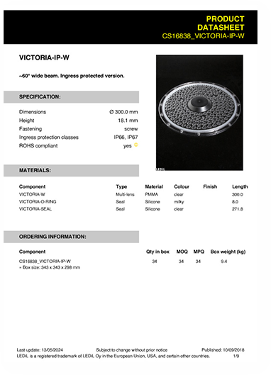 Example of a customizable product data sheet template for lighting products showing specifications, materials, and packaging details