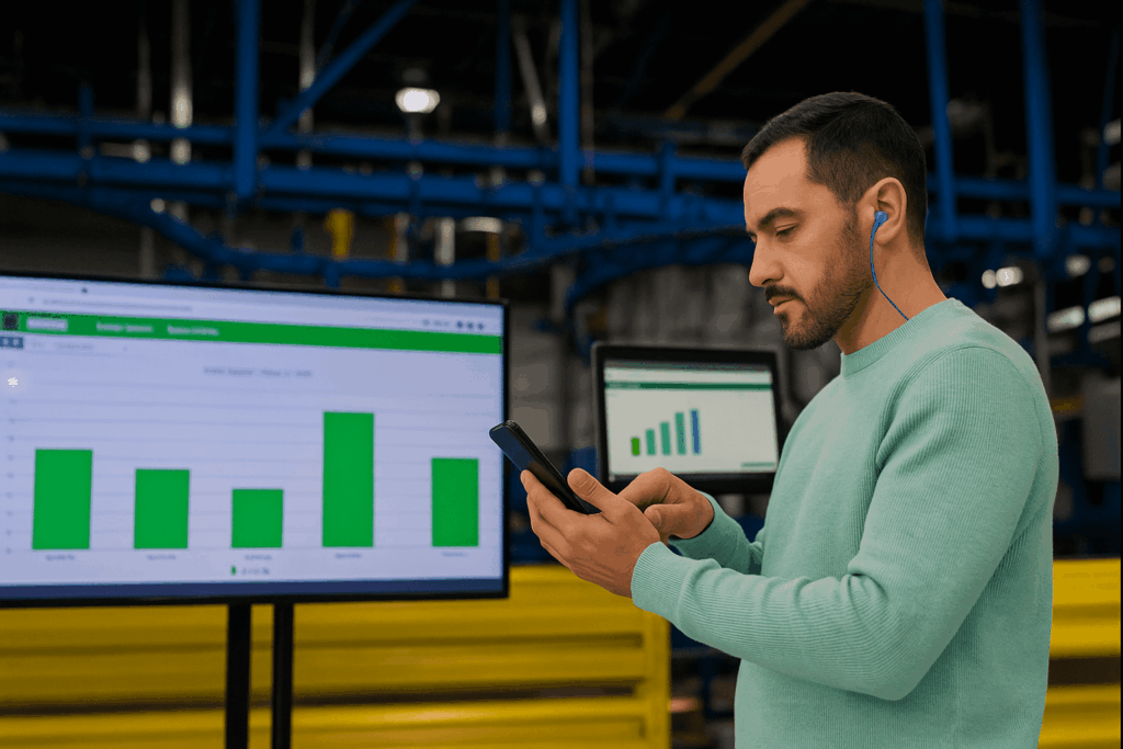 Male factory worker using a smartphone while monitoring sustainability metrics on digital dashboards in an industrial manufacturing facility