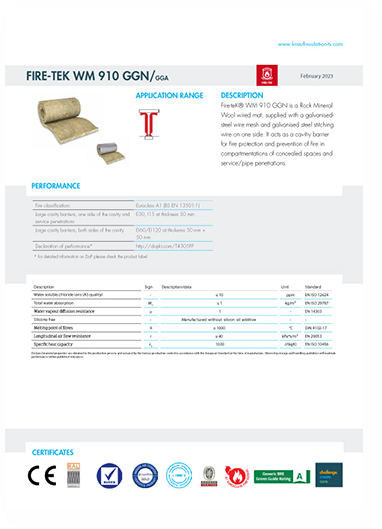 Example of a technical data sheet template for insulation material with product specs, performance data, and certification logos