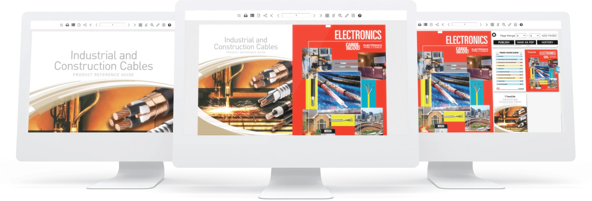 three monitors showing three different custom catalogs made from one catalog