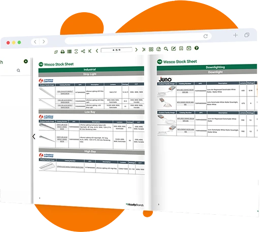 Digital inventory stock sheet displaying industrial and downlighting products, managing product inventory levels and stock availability