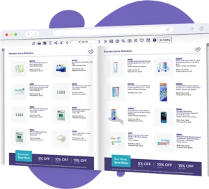 Digital product catalog featuring contact lens solutions with detailed descriptions, specifications, and discount offers
