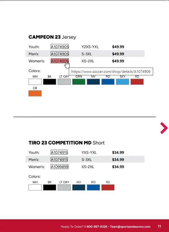 product variant options in soccer.com catalog for jersey