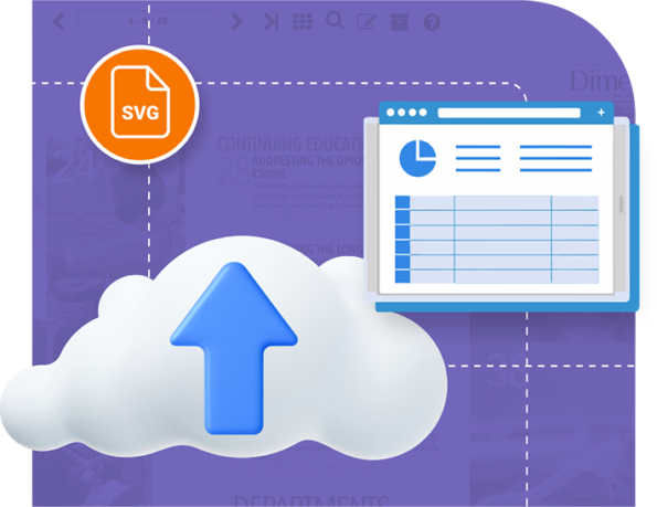 Cloud upload icon with spreadsheet and SVG file, representing product data import for price lists